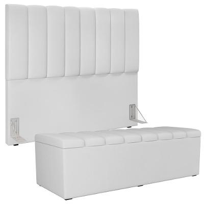 Kit Cabeceira Cama Box Casal com Calçadeira Baú Dália W01 Facto 140cm Estofado Madeira Branco