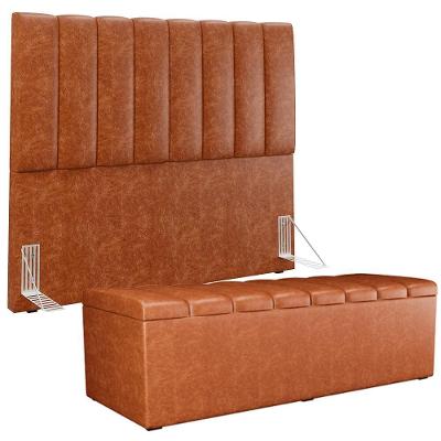 Kit Cabeceira Cama Box Casal 140cm e Calçadeira Recamier Baú Dália W01 Couríssimo Camel Estrutura
