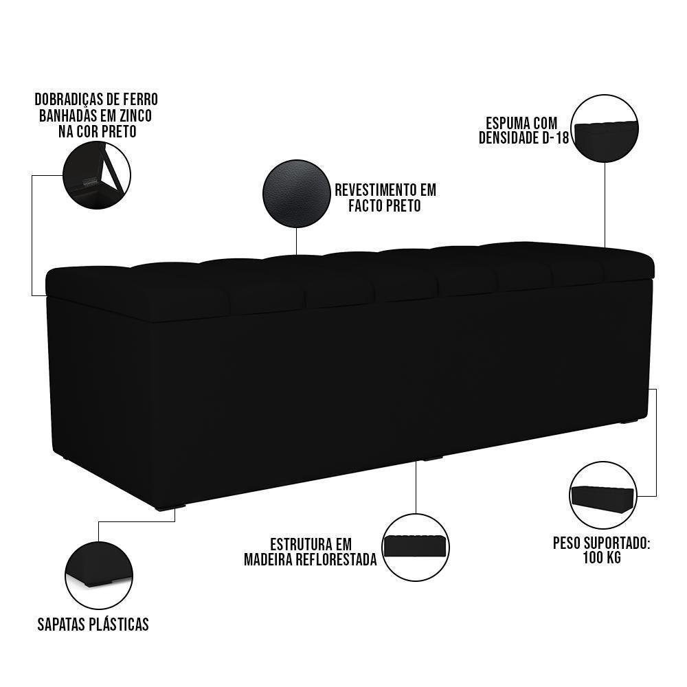 Kit Cabeceira Casal 140cm Com Calçadeira Recamier Baú Preto - 8