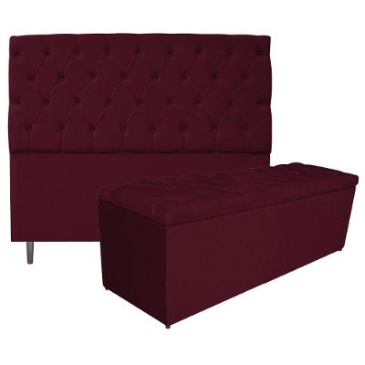 Kit Cabeceira e Calçadeira 140 Cm Casal Suede Bordô