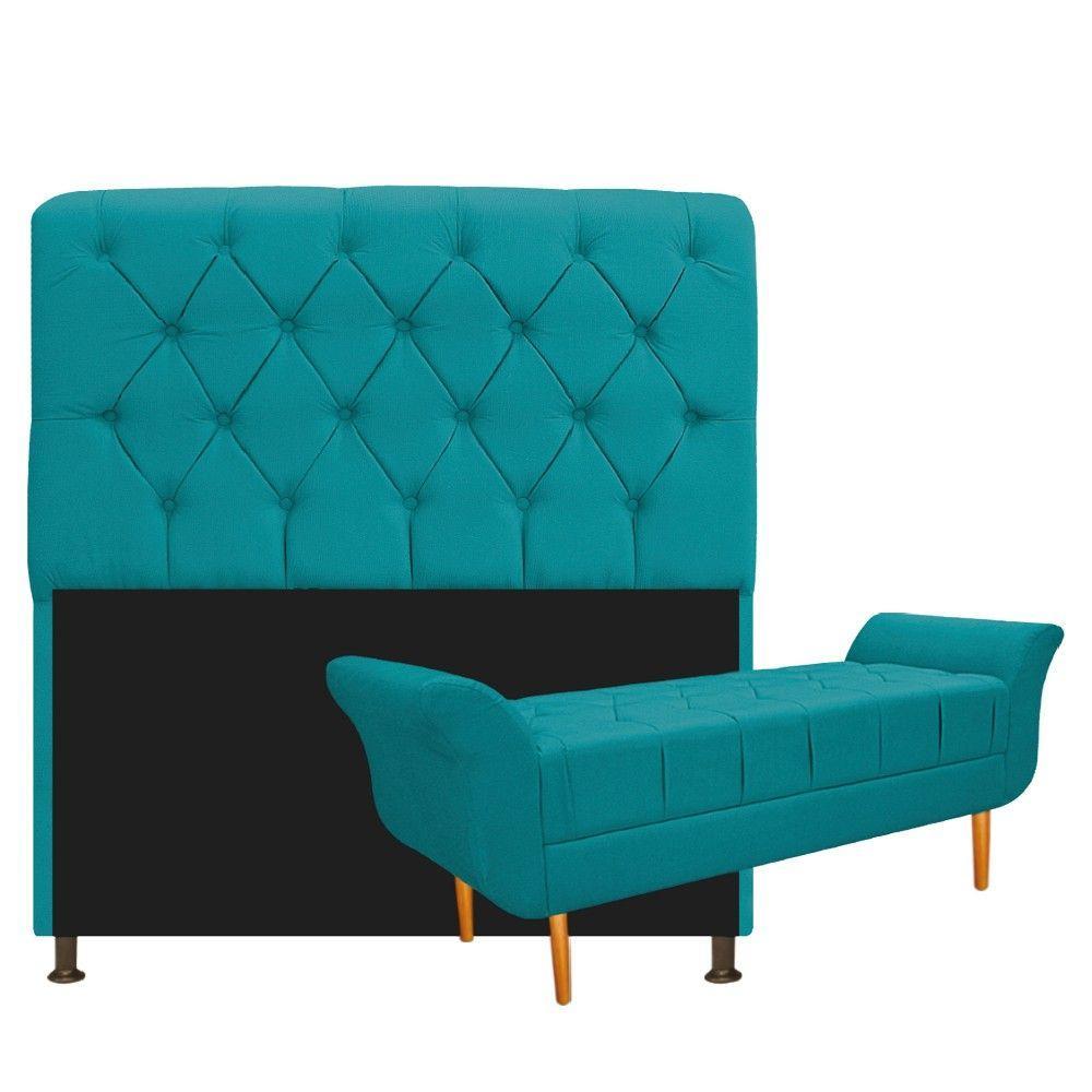 Cabeceira Lady e Recamier Ari 90Cm Solteiro Azul Turquesa - 1