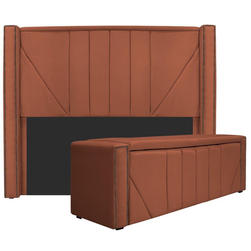 Kit Cabeceira E Calçadeira Baú Solteiro 90cm Suede Terracota - 1