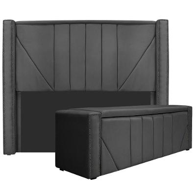 Kit Cabeceira E Calçadeira Baú King 195cm Linho Cinza Escuro