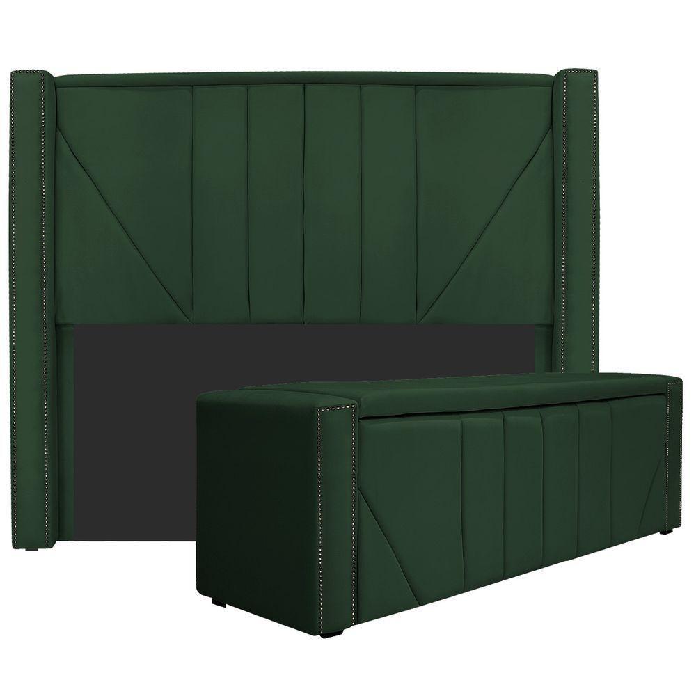 Kit Cabeceira E Calçadeira Baú Solteiro 90cm Suede Verde - 1