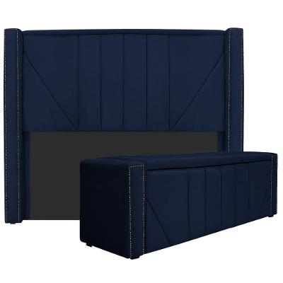 Kit Cabeceira e Calçadeira Baú Queen 160cm Suede Azul Marinho