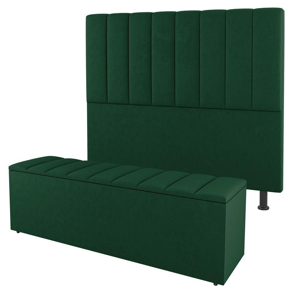 Kit Cabeceira E Baú Cama Box Solteiro Cora 90Cm Suede Verde - 1