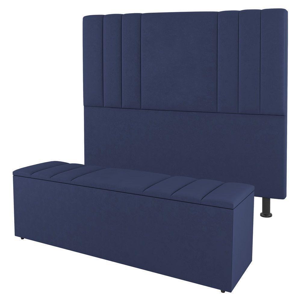 Kit Cabeceira E Baú Cama Box Solteiro Grace 90Cm Suede Azul - 1