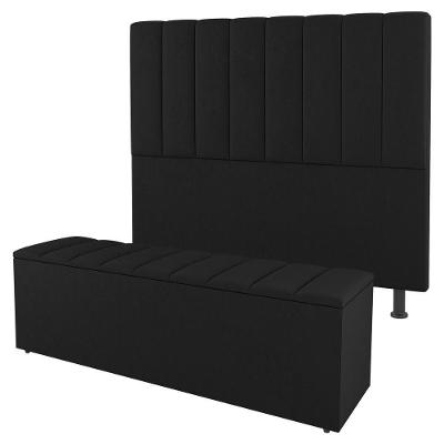 Kit Cabeceira E Baú Cama Box King 195Cm Sintético Preto