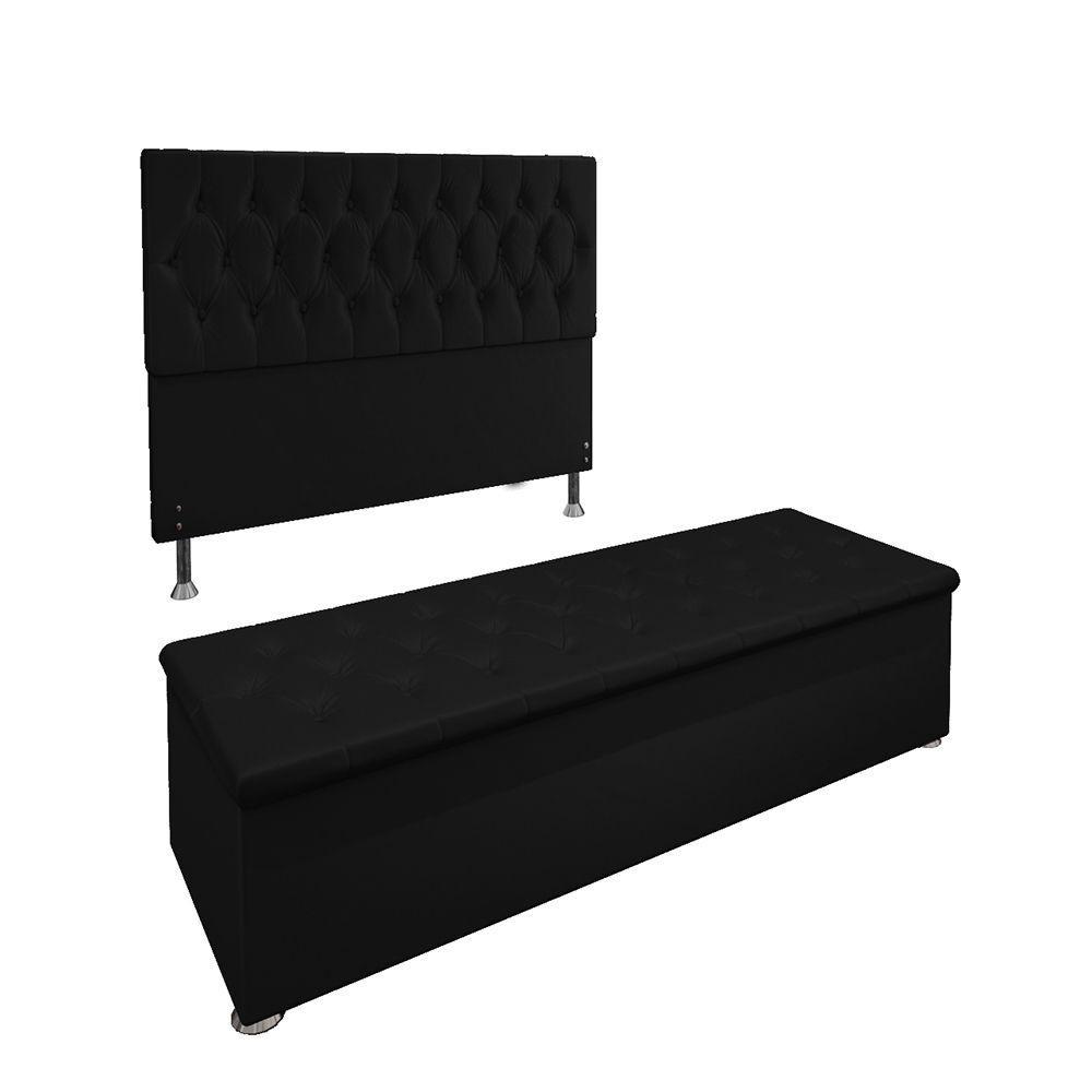 Conjunto Cabeceira Casal e Recamier Baú 1,40m Suede Preto - 1