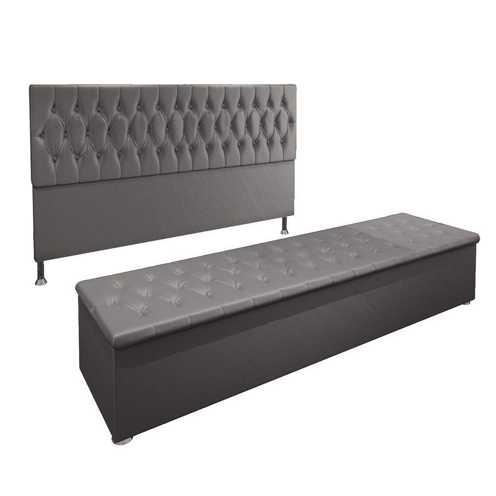 Conjunto Cabeceira Casal e Recamier Baú 1,95m Suede Cinza - 1