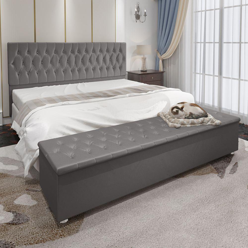 Conjunto Cabeceira Casal e Recamier Baú 1,95m Suede Cinza - 3