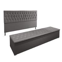 Conjunto Cabeceira Casal e Recamier Baú 1,95m Suede Cinza - 1