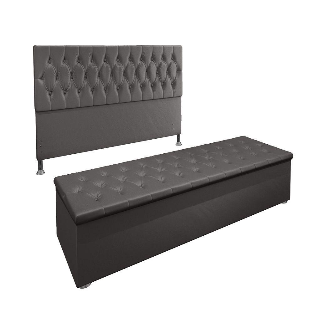 Conjunto Cabeceira Casal e Recamier Baú 1,60m Suede Cinza - 1