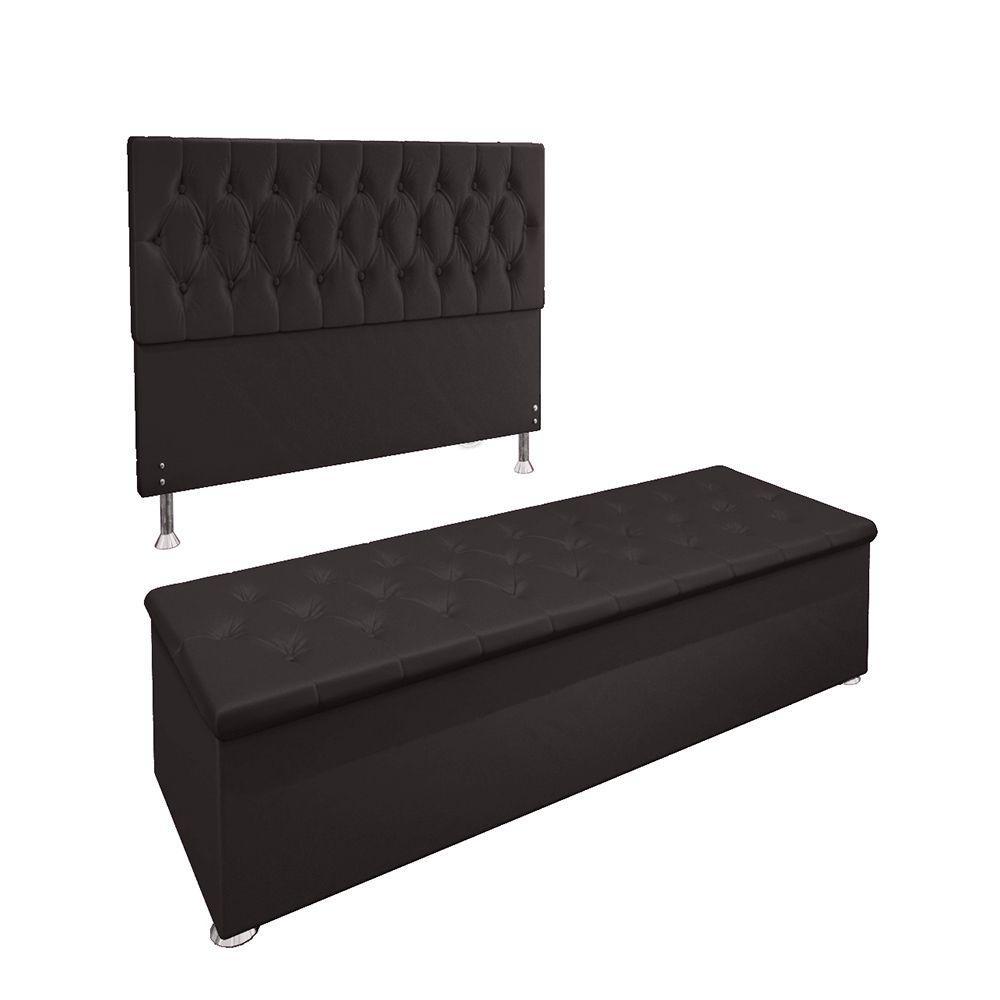 Conjunto Cabeceira Casal e Recamier Baú 1,40m Suede Marrom - 1