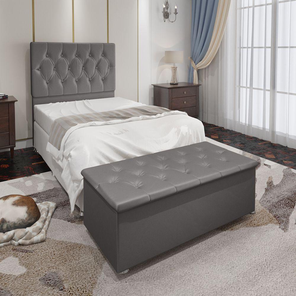 Conjunto Cabeceira Solteiro e Baú 0,90m Suede Cinza - 6