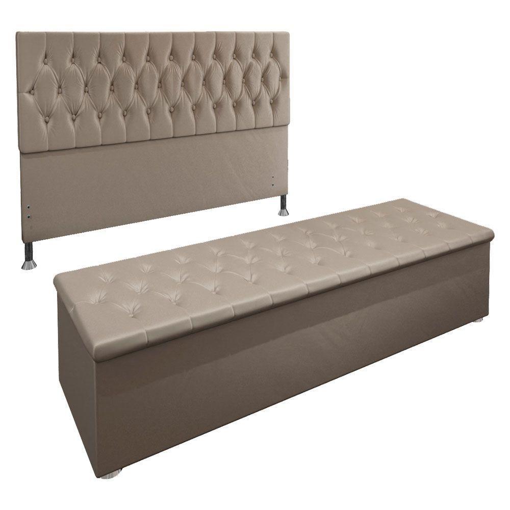 Kit Cabeceira e Calçadeira Baú Queen 1,60m Suede Bege - 1