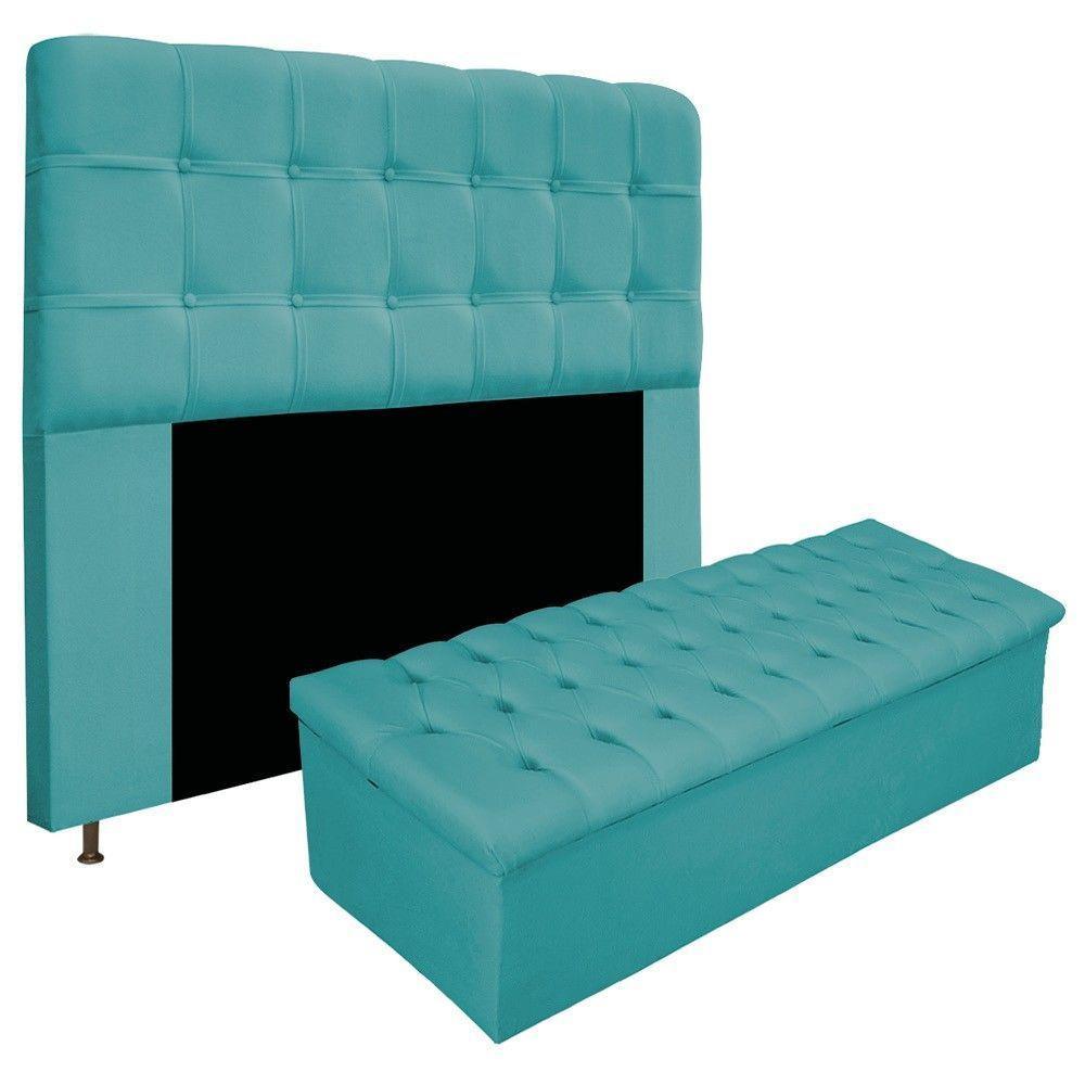 Kit Cabeceira e Calçadeira 195cm King Size Azul Turquesa Adj Decor - 1