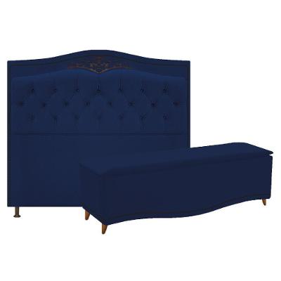 Kit Cabeceira e Calçadeira Yasmim 90cm Solteiro Azul Marinho