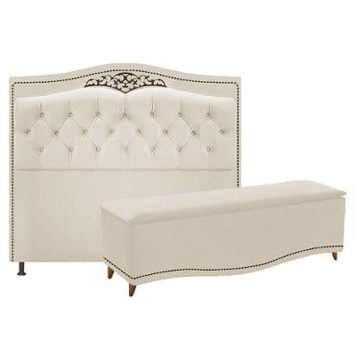 Kit Cabeceira e Calçadeira Yasmim 140cm Casal Suede Bege