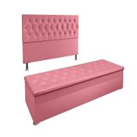 Kit Cabeceira Calçadeira Baú Casal 140cm Madrid Suede Rosa - 1