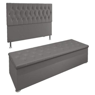 Kit Cabeceira e Calçadeira Baú Casal 1,40m Suede Cinza