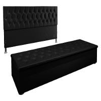 Kit Cabeceira e Calçadeira Baú Queen 1,60m Suede Preto - 1