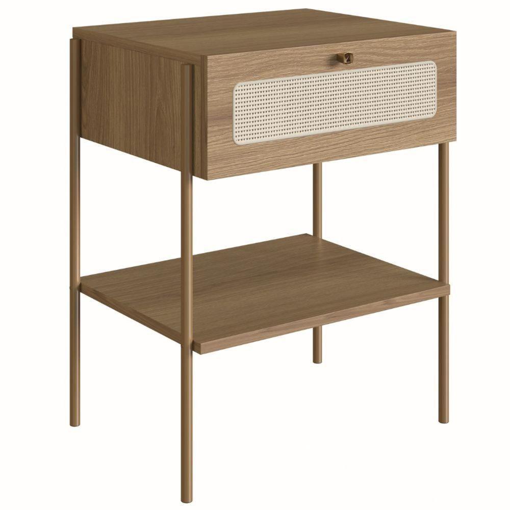 Mesa De Cabeceira Oslo Artesano 48 Cm (Largura) Em Mdp Palha  Uma Gaveta Base Metal - 1