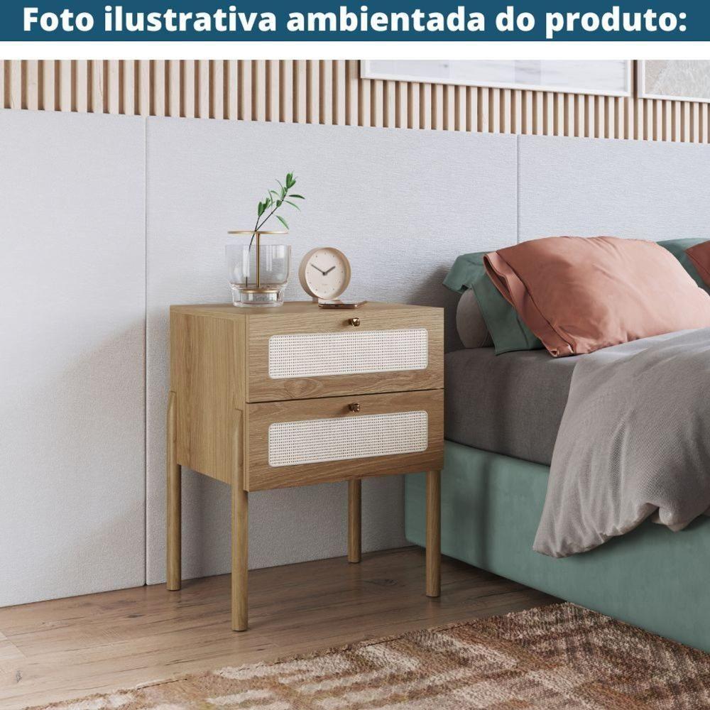 Mesa De Cabeceira Oslo Artesano 48 Cm (Largura) Em Mdp Palha Natural Duas Gavetas Base Metal - 2