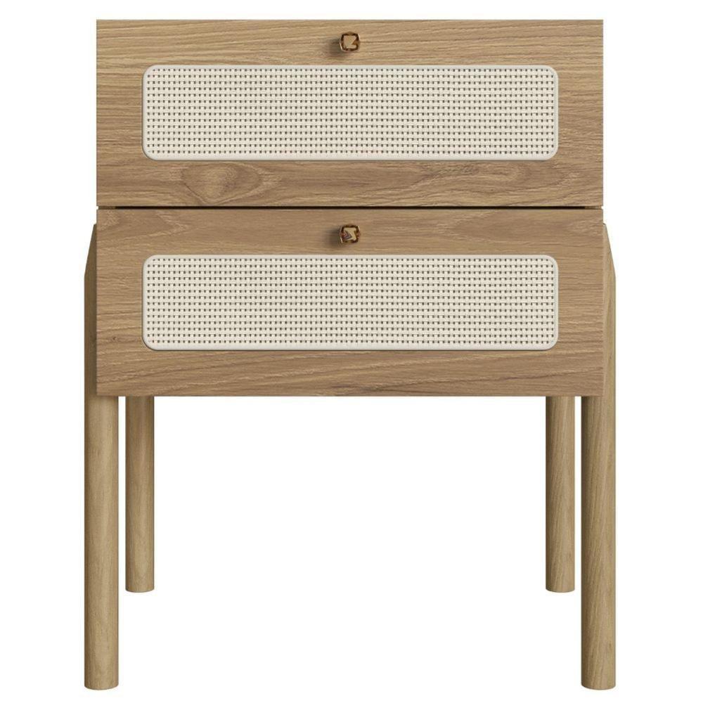 Mesa De Cabeceira Oslo Artesano 48 Cm (Largura) Em Mdp Palha Natural Duas Gavetas Base Metal - 4