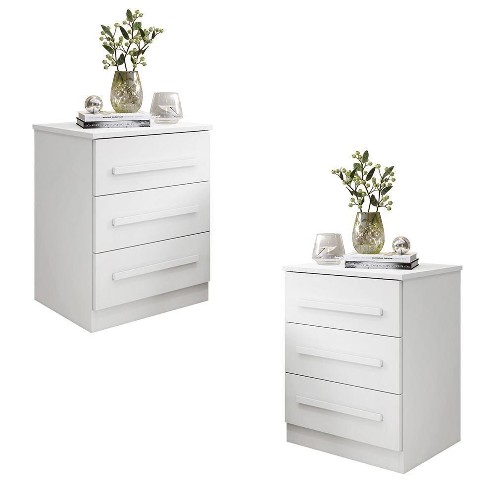 Conjunto 2 Mesas De Cabeceira Império Quarto Com 3 Gavetas Branco Branco - 1