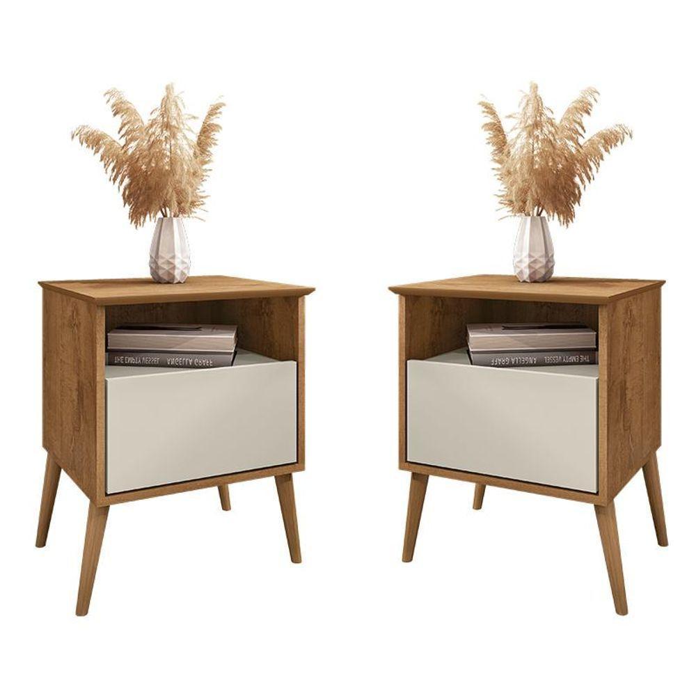 Kit 2 Mesa De Cabeceira Cancun 1 Gaveta Pés Madeira Maciça Naturale/off White Naturale/off White - 1