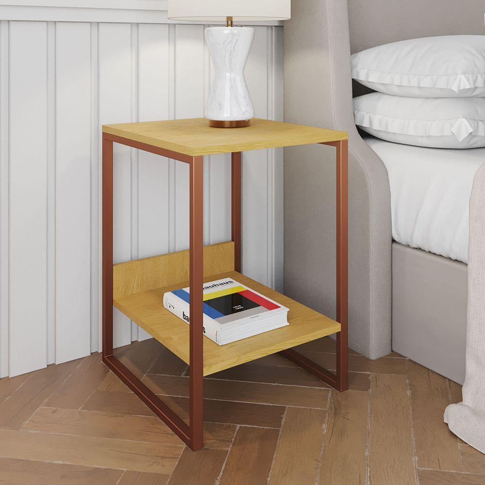 Mesa Cabeceira Lateral De Cama Industrial Canela Tókio Base Cobre - 1