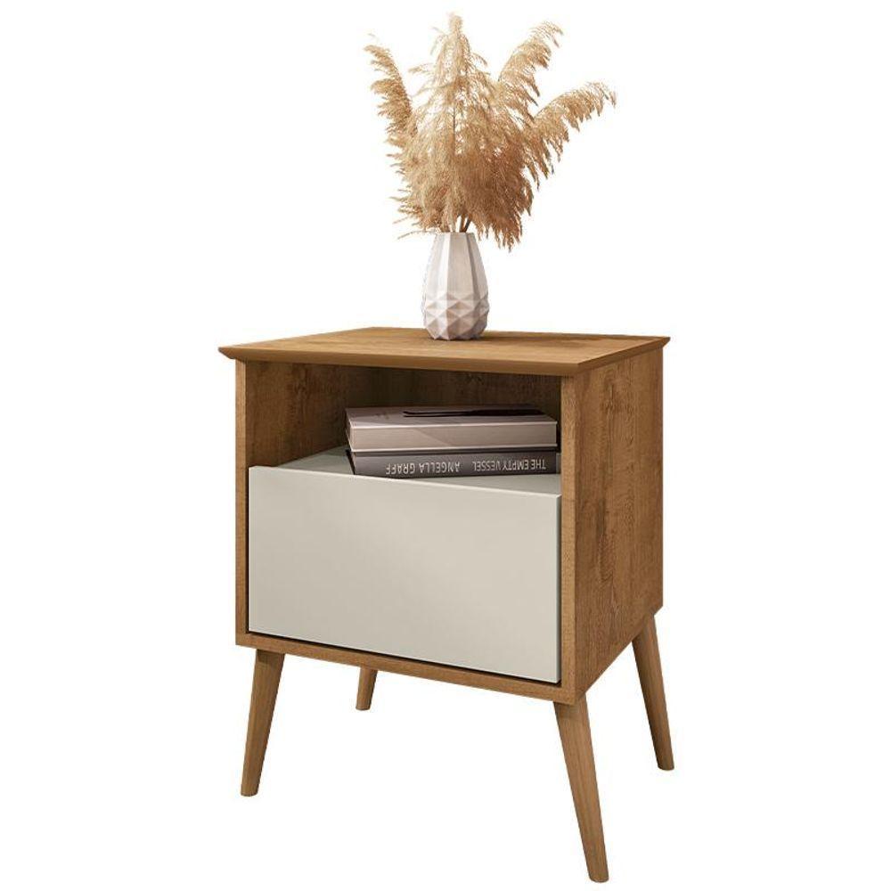 Mesa De Cabeceira Cancun Quarto Pés Madeira Maciça 1 Gaveta Naturale/off White Naturale/off White - 4