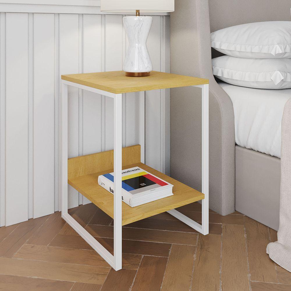 Mesa Cabeceira Industrial Lateral De Cama Canela Tókio Base Ferro Branco - 1