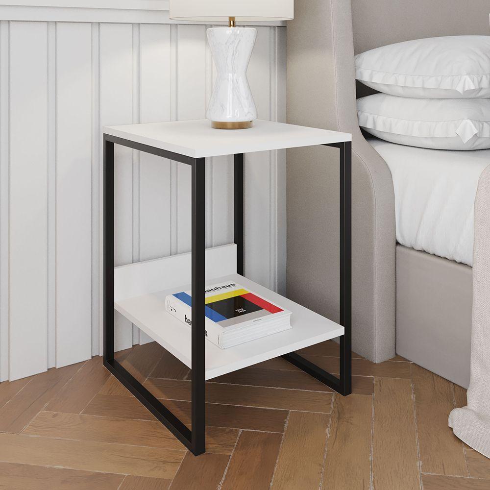 Mesa Cabeceira Industrial Branca Tókio Base Ferro Preto - 1