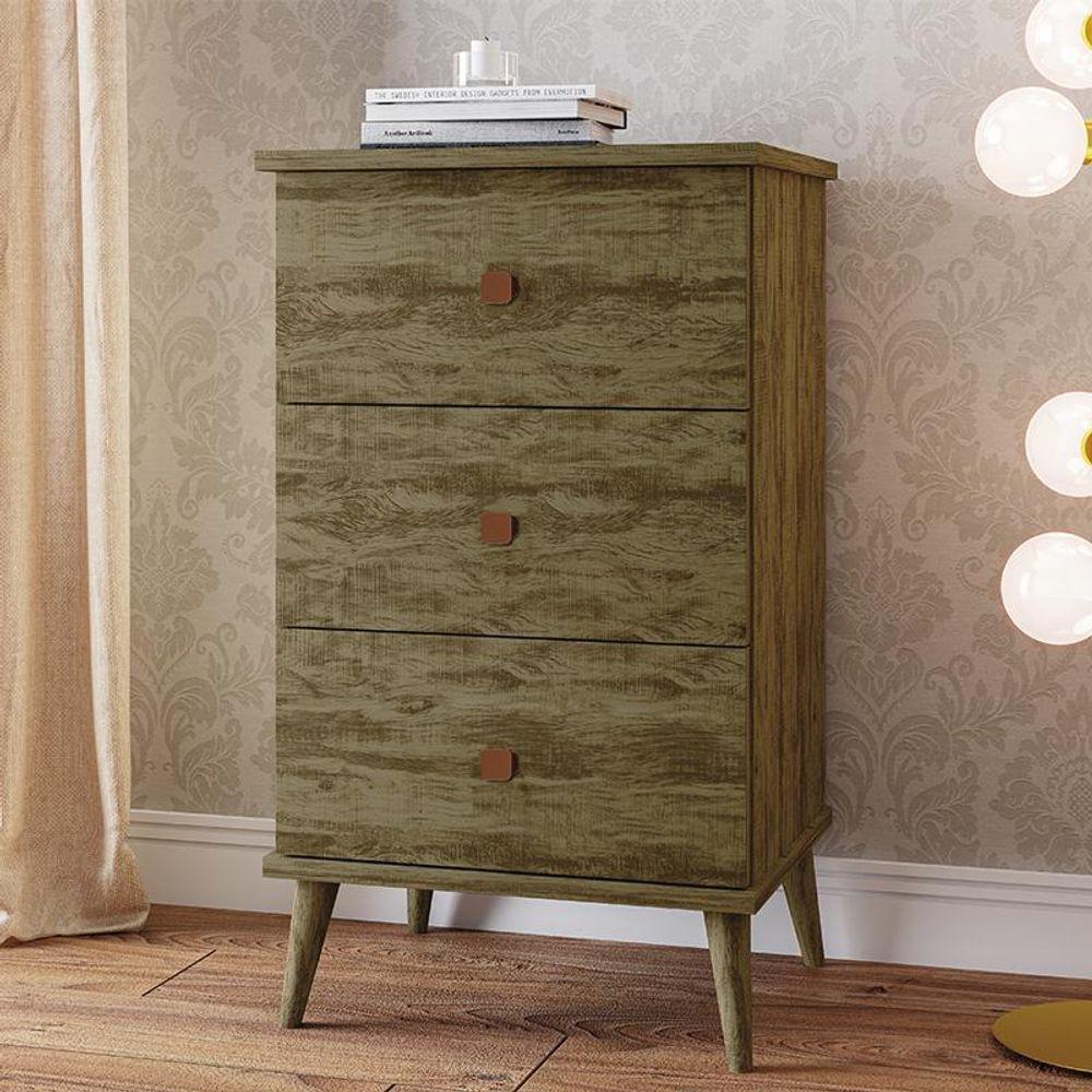 Conjunto 2 Mesa De Cabeceira Ravi 3 Gavetas Pés De Madeira Amendoa Amendoa - 3