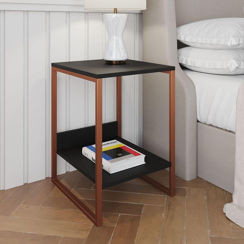 Mesa Cabeceira Lateral De Cama Industrial Preta Tókio Base Cobre - 1