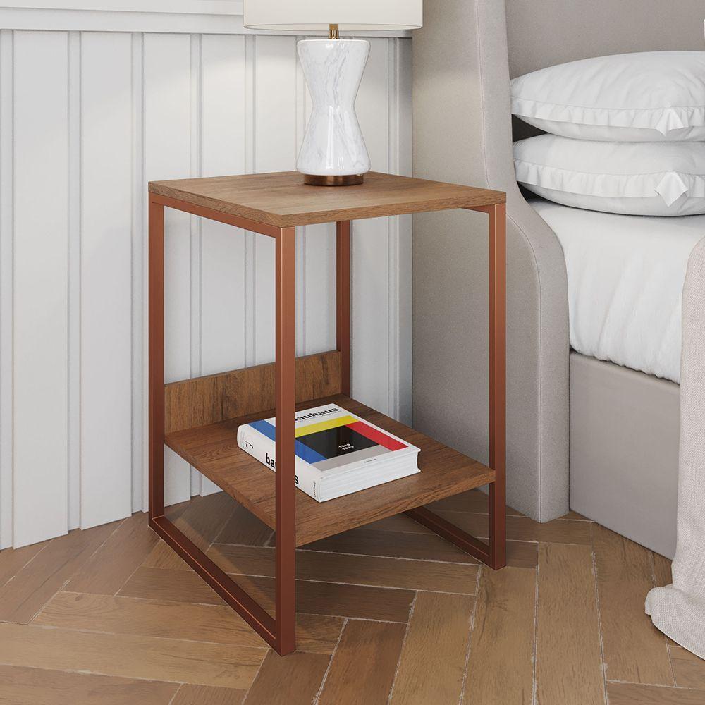 Mesa Cabeceira Lateral De Cama Industrial Amêndoa Tókio Base Cobre Cor: Amendoa - 1