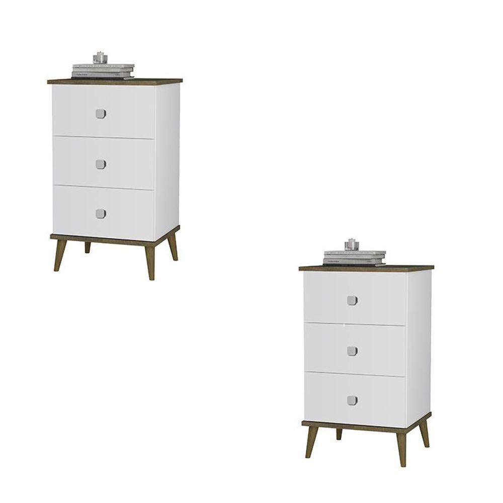 Conjunto 2 Mesa De Cabeceira Ravi 3 Gavetas Pés De Madeira Branco/amendoa Branco/amendoa - 1