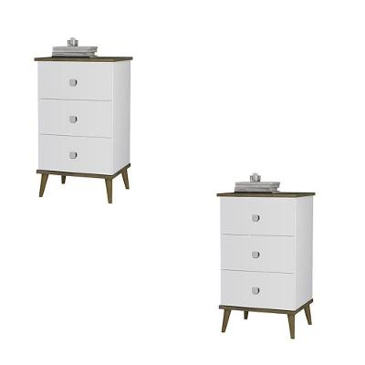 Conjunto 2 Mesa De Cabeceira Ravi 3 Gavetas Pés De Madeira Branco/amendoa Branco/amendoa
