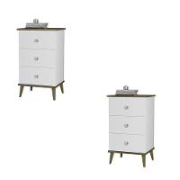 Conjunto 2 Mesa De Cabeceira Ravi 3 Gavetas Pés De Madeira Branco/amendoa Branco/amendoa - 1