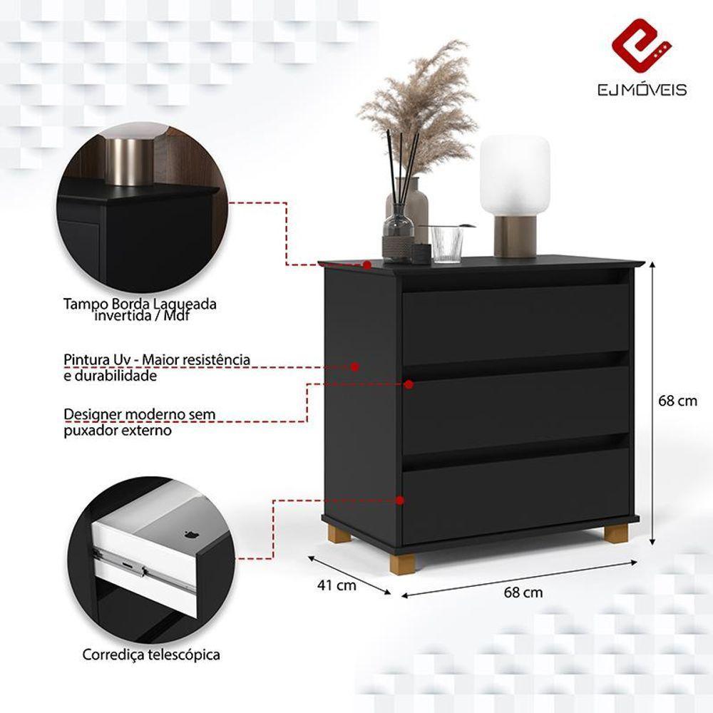 Mesa De Cabeceira Quarto Mini Cômoda 3 Gavetas Preto - 2