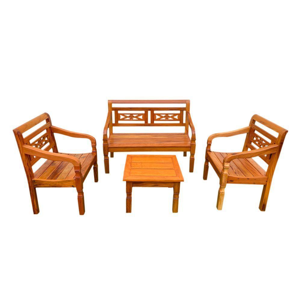 Kit Jogo De Banco 4 Lugares Com Mesa De Centro Madeira De Demolição Modelo Flor Sudeste Rústico - 1