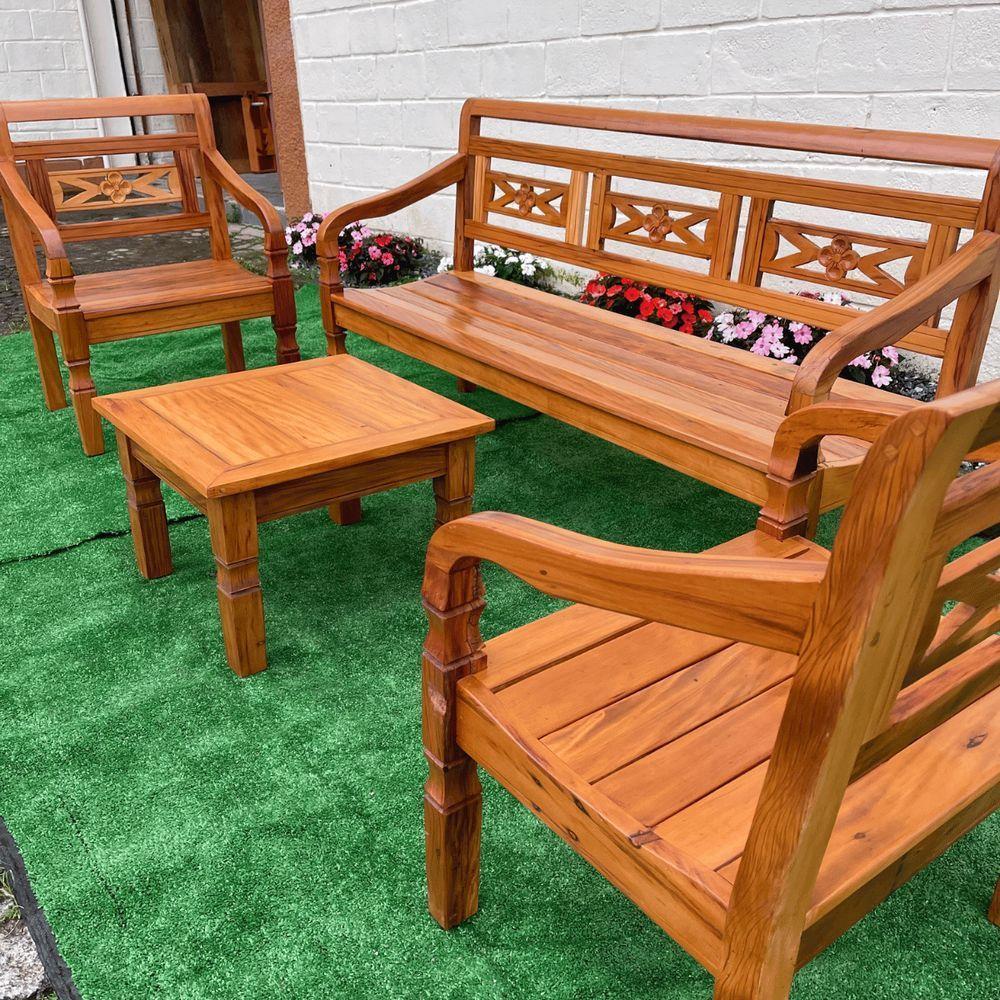 Kit Jogo De Banco 5 Lugares Com Mesa De Centro Madeira De Demolição Modelo Flor Sudeste Rústico - 5