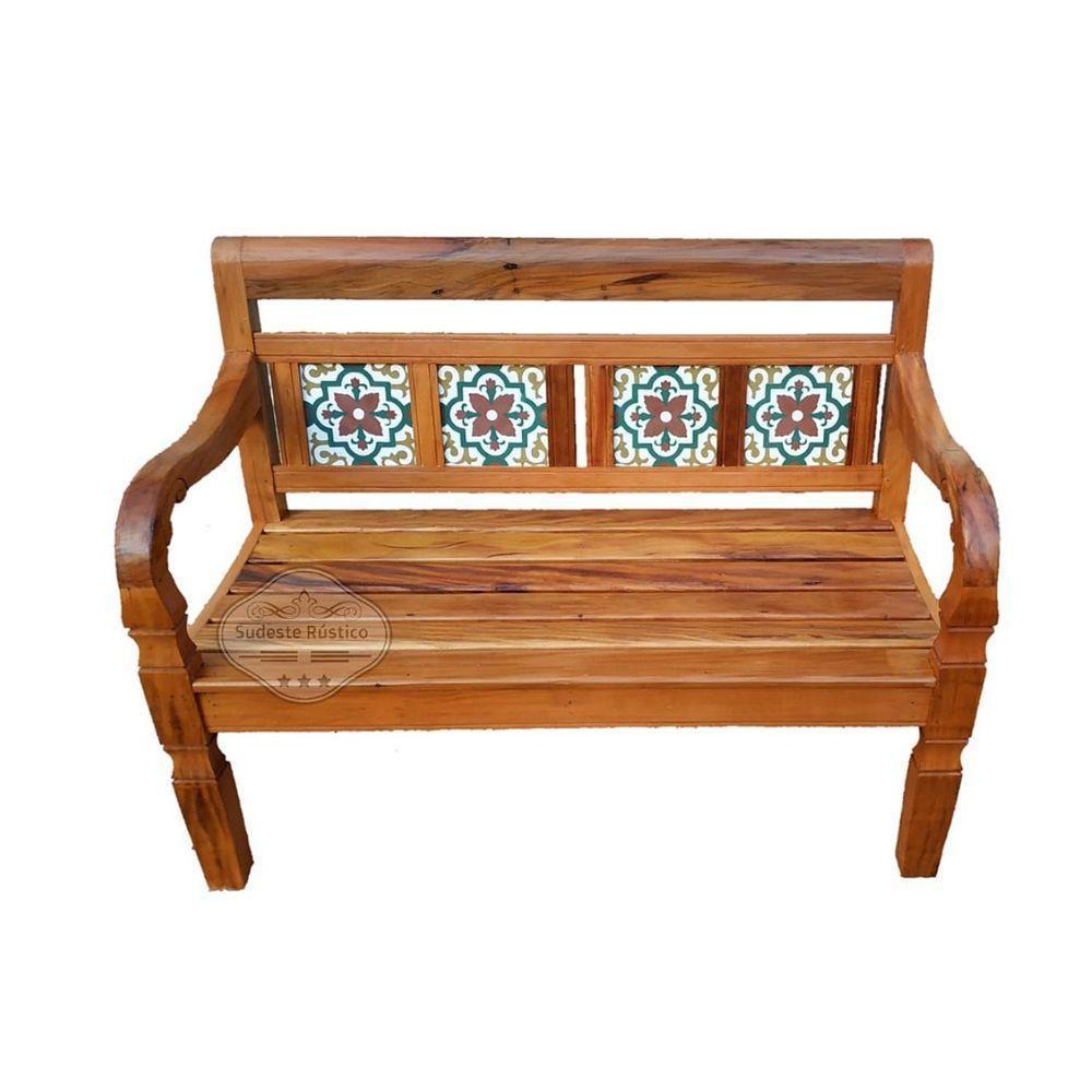 Conjunto Banco Namoradeira E Mesa De Centro Em Madeira De Demolição Com Detalhes Em Ladrilho Sudeste Rústico - 1