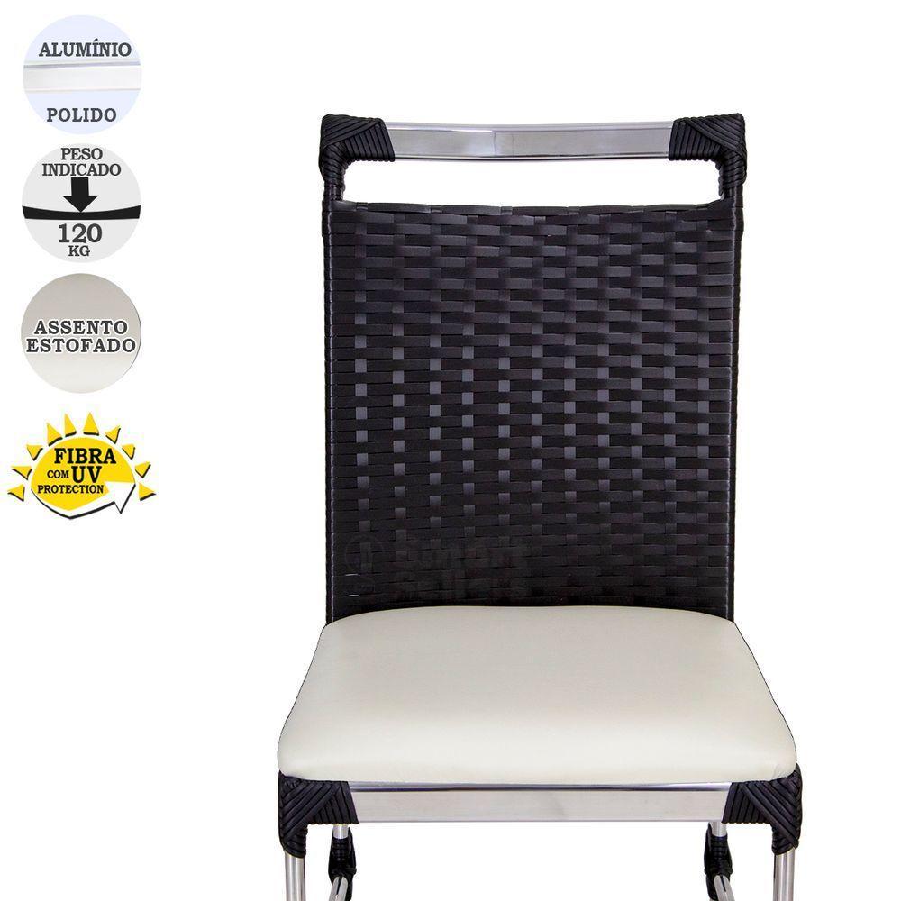 4 Cadeiras Veneza Fibra Sintética Preto Alumínio Polido Assento Estofado Branco - 5