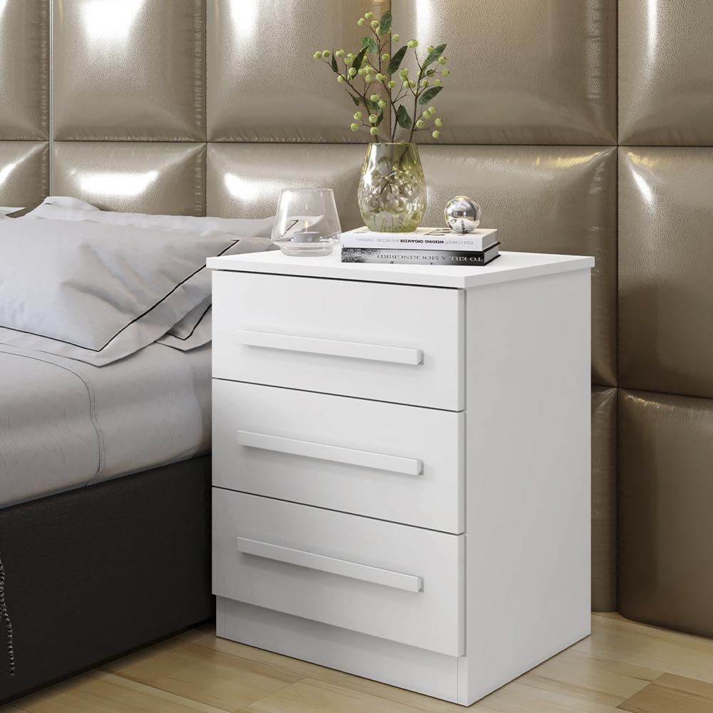 Mesa De Cabeceira Império Quarto Com 3 Gavetas Branco Branco - 2
