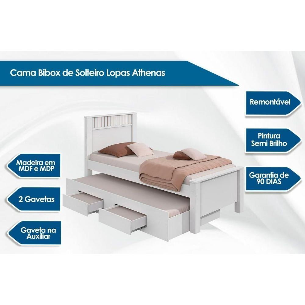 Cama Solteiro Athenas 2 Gavetas c/Auxiliar Branco - Lopas - 5