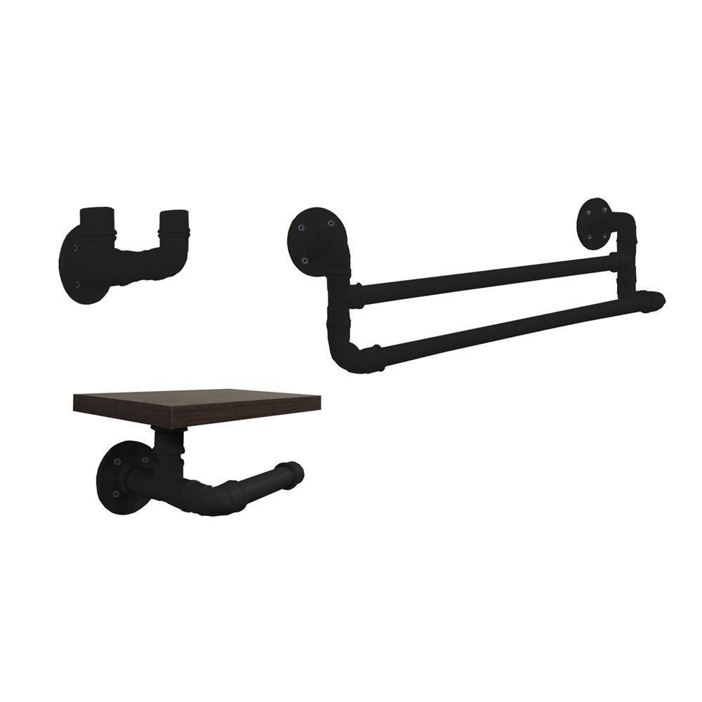 Kit Acessórios Para Banheiro Conjunto 3 Peças Porta Toalhas Papel Cabideiro Preto Laca - 2