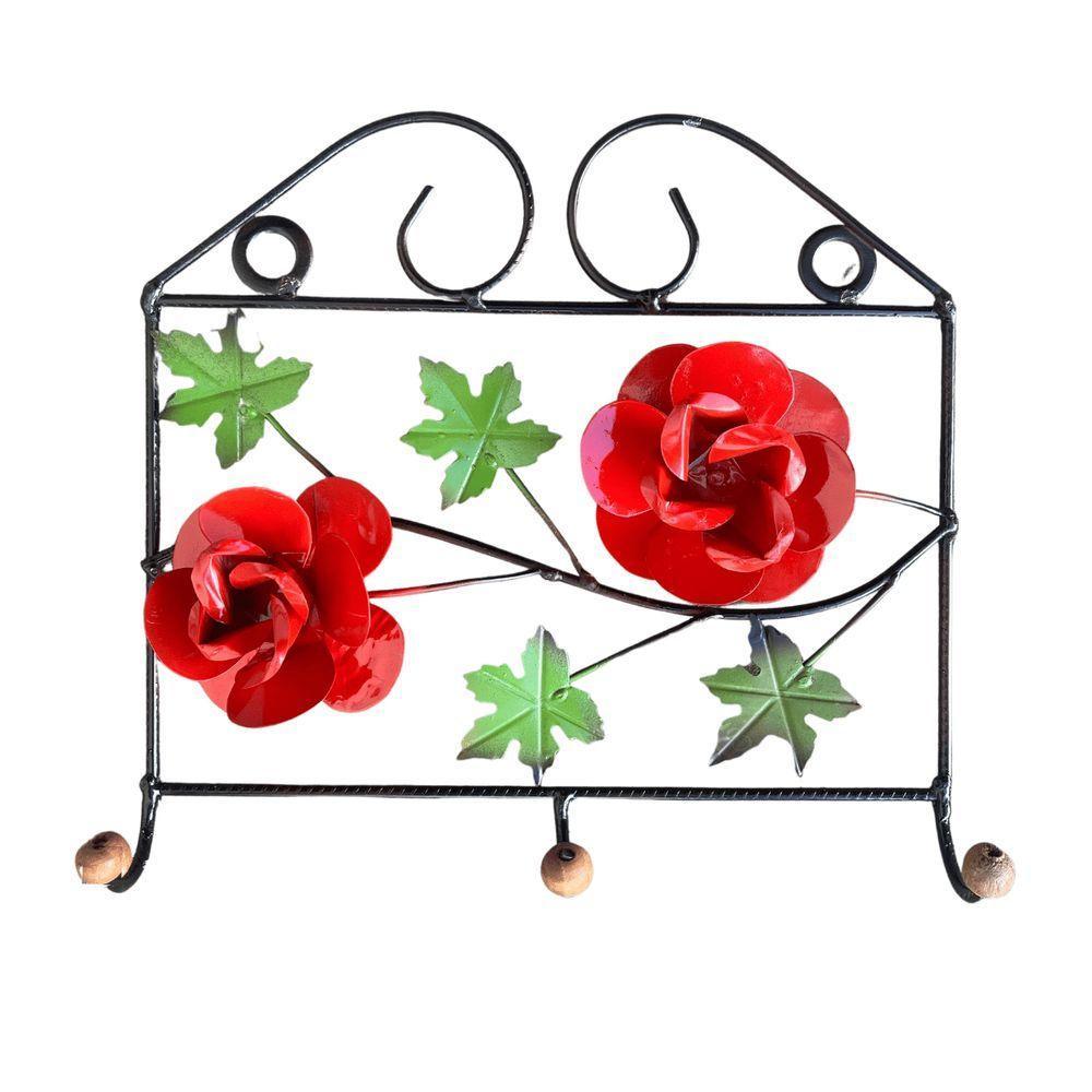 Porta Toalha Pano De Prato Flor Vermelha 3 Ganchos Sudeste Rústico - 1